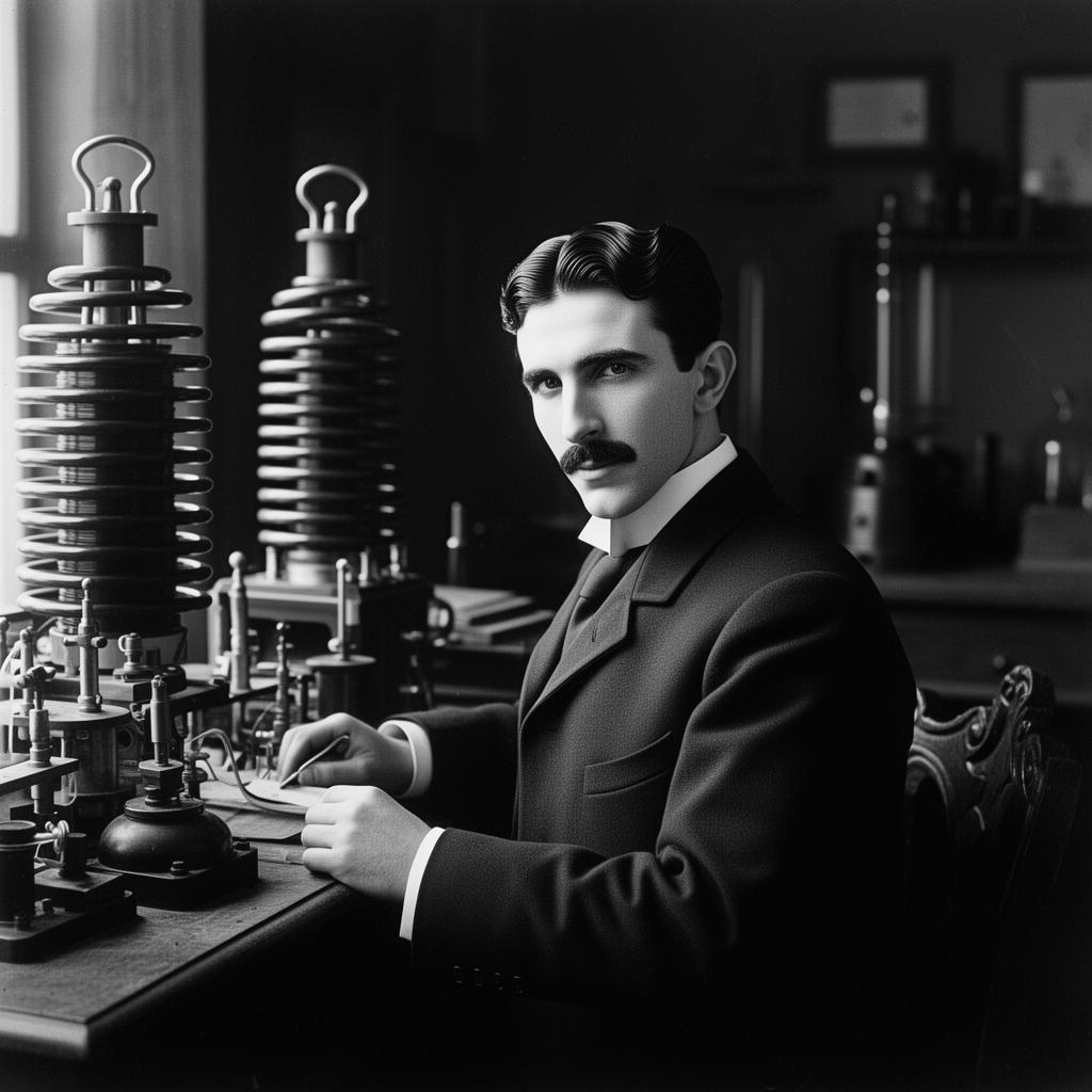 Nikola Tesla in his laboratory